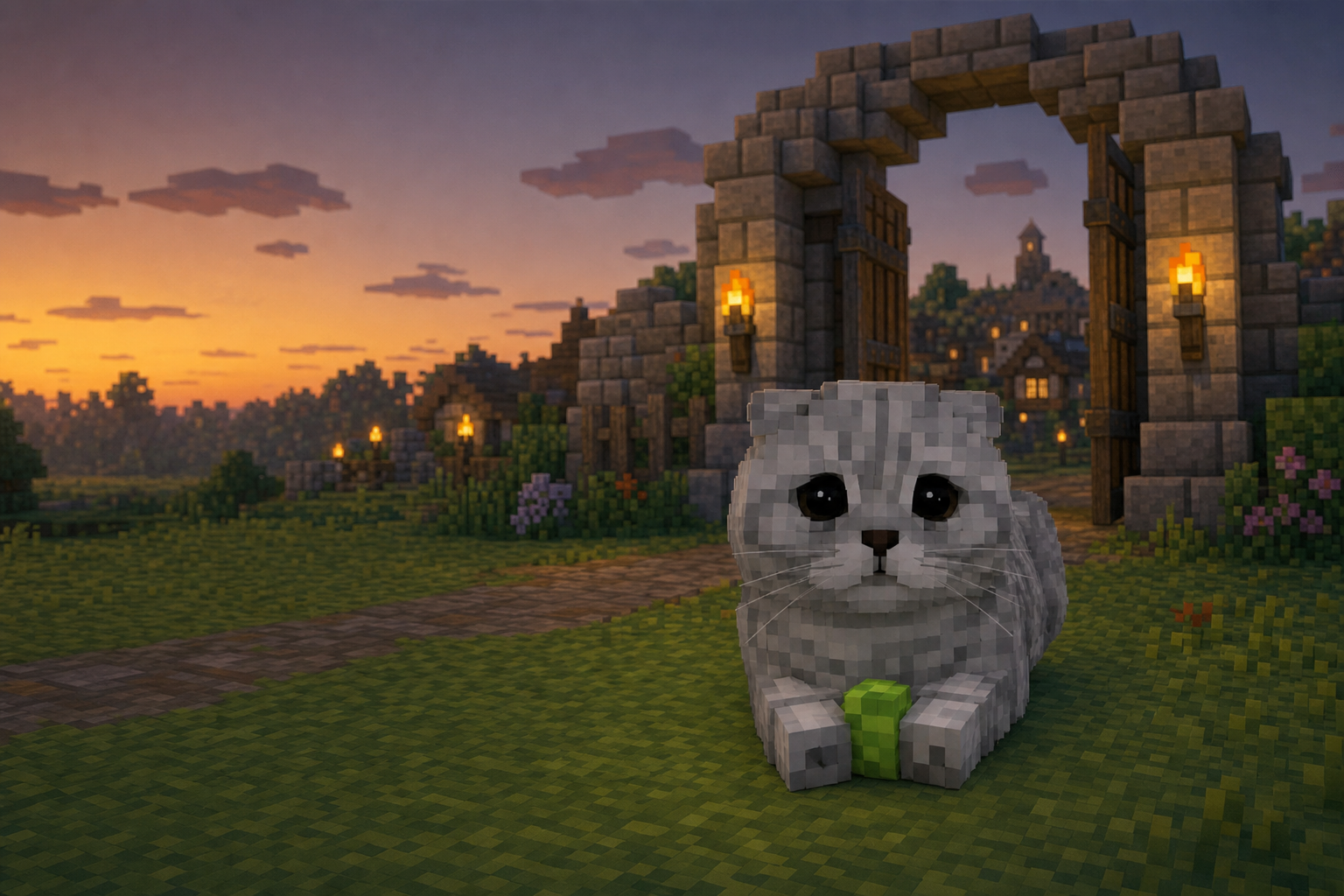 Cube Cat guarding the green cube on the village lawn beneath a stone archway at sunset